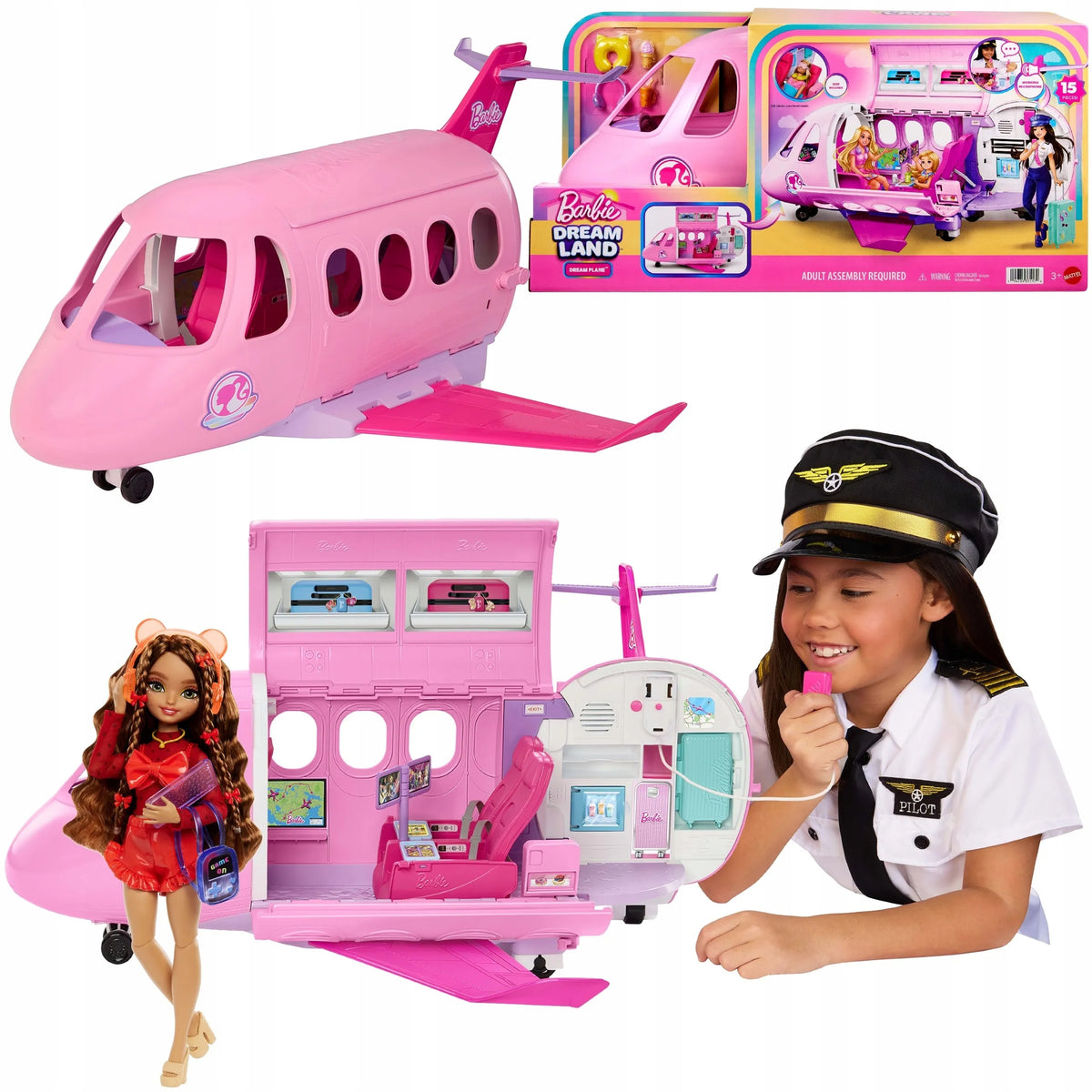 „Barbie“ didelis interaktyvus lėktuvas, 3 žaidimų zonos, priedai ir lėlė Teresa „Dream Besties“