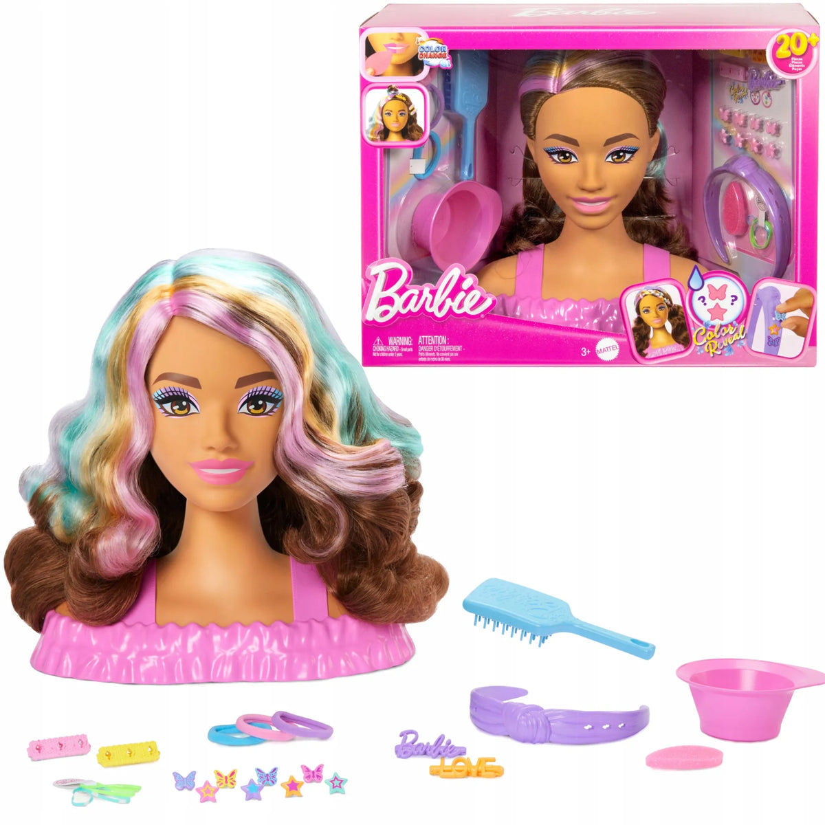 „Barbie“ šukuosenų kūrimo galva rudais plaukais, „Color Reveal“