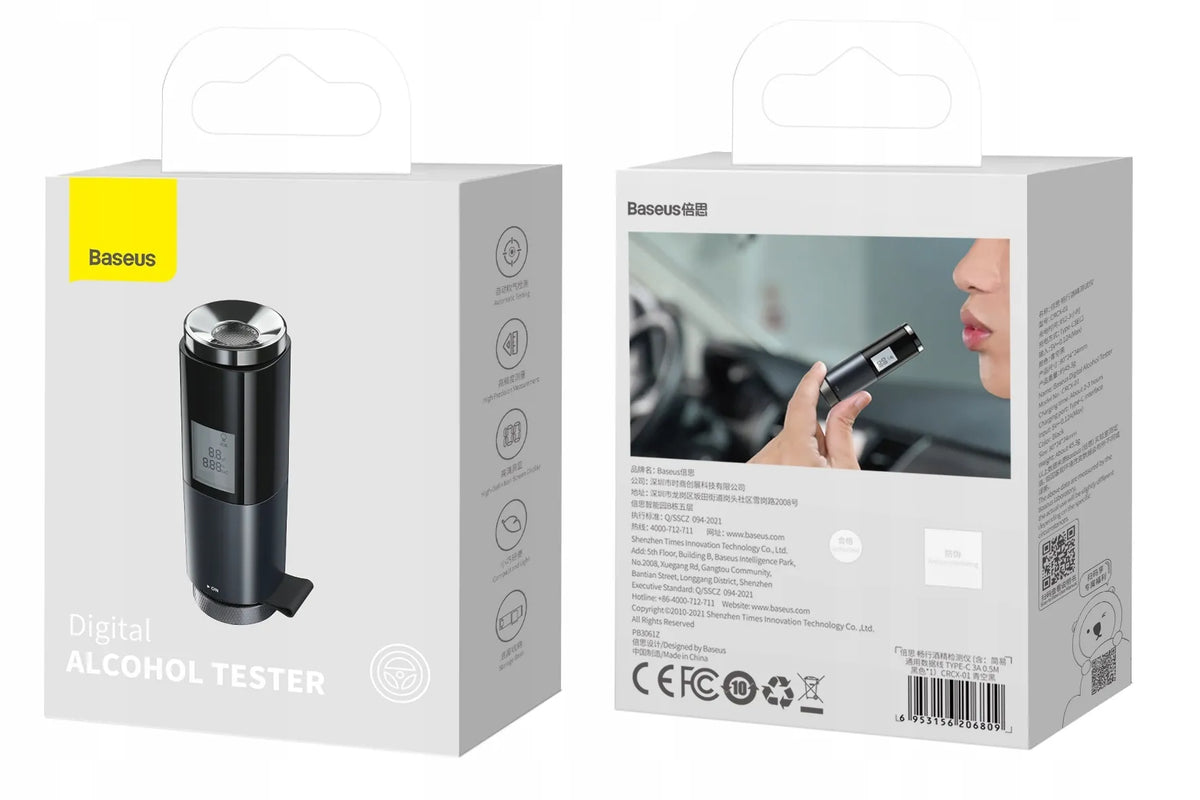 BASEUS CRCX-01 elektroninis nešiojamas alkotesteris be kandiklio, LCD ekranas, USB-C krovimas + laidas