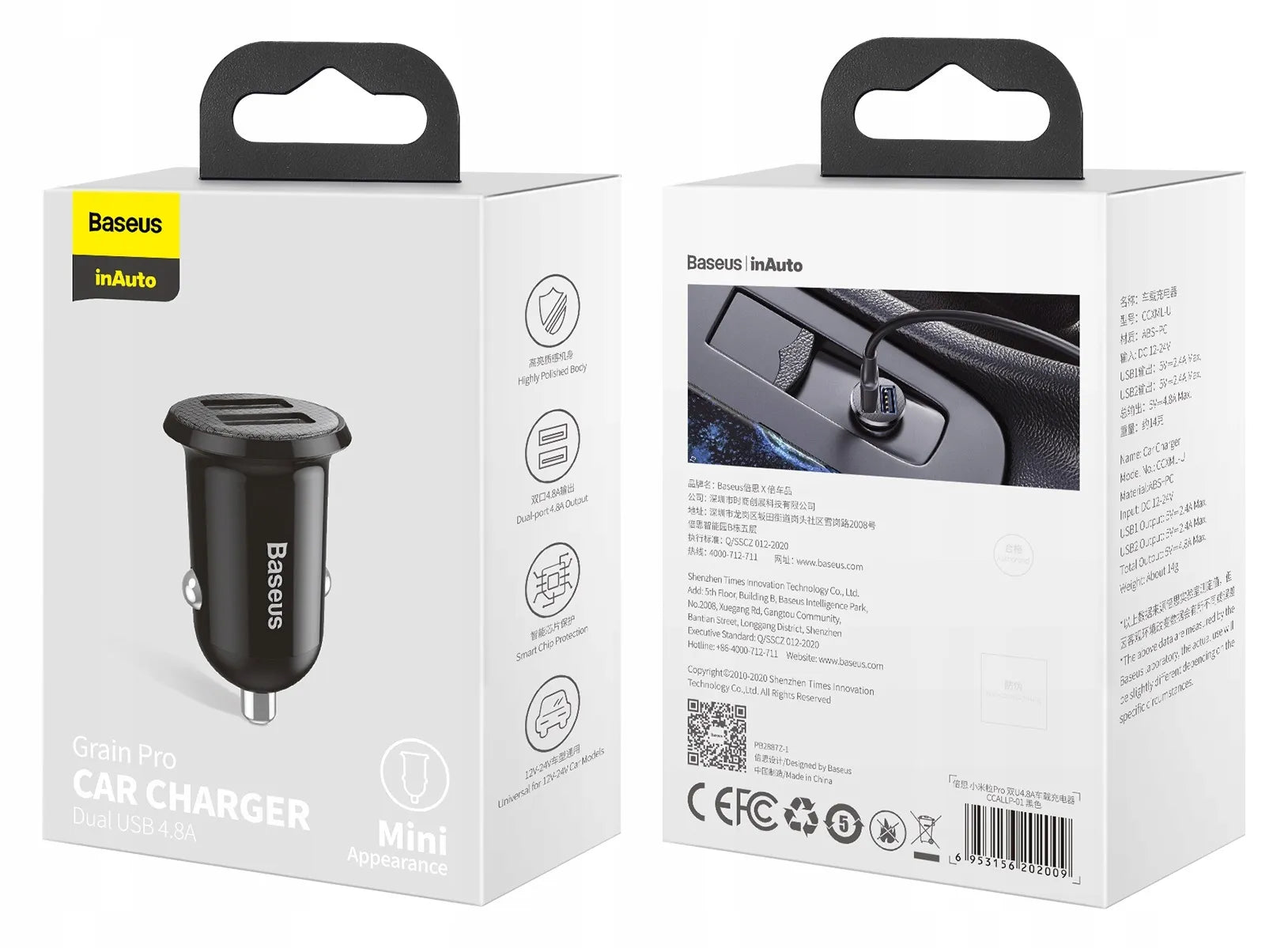 BASEUS greitas galingas automobilinis telefono įkroviklis 2x USB 4.8A 12-24V