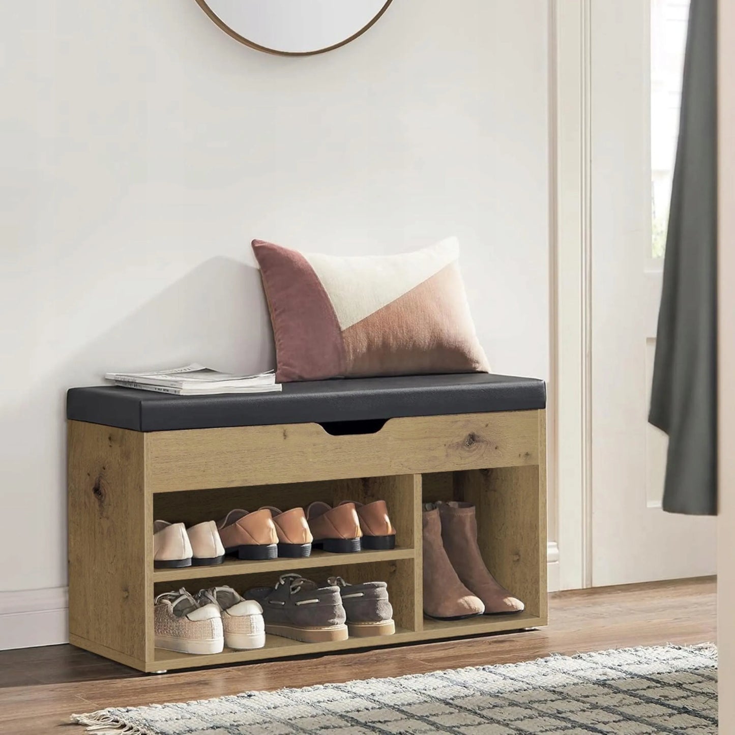 Batinų spintelė artisan su sėdyne, daiktadėže ir stalčiumi loft stiliaus