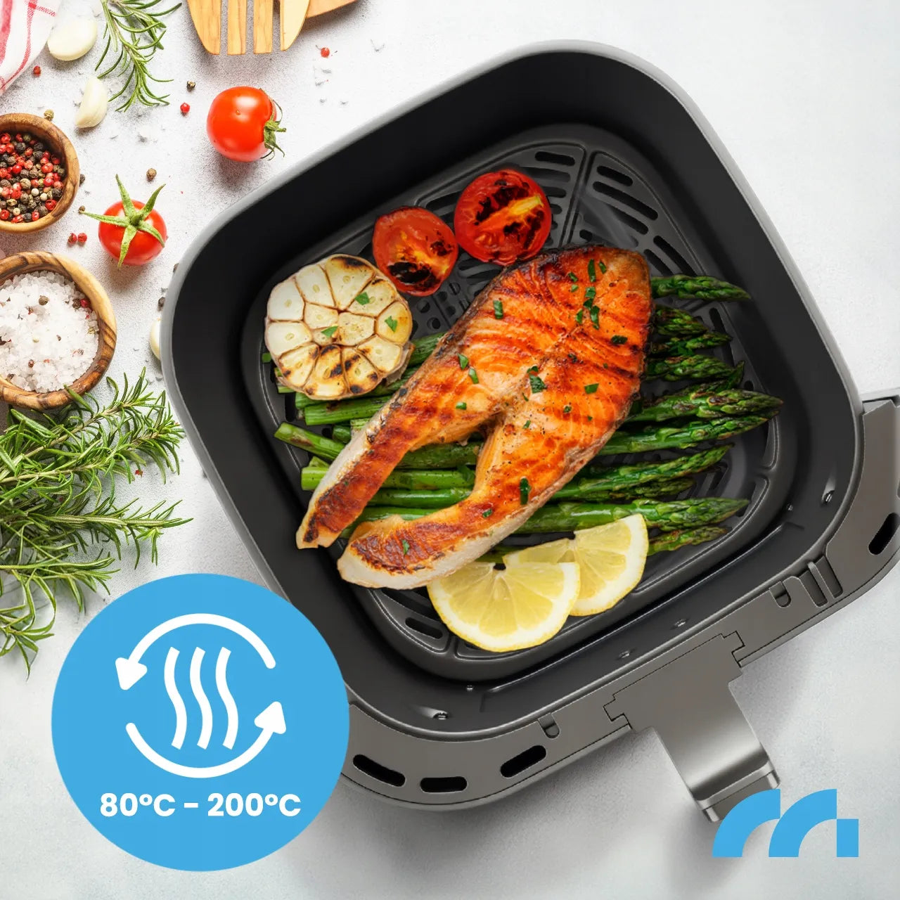 Becukrė gruzdintuvė MalTec AirFryer 8L 2000W su stebėjimo langeliu ir kepimo popieriumi