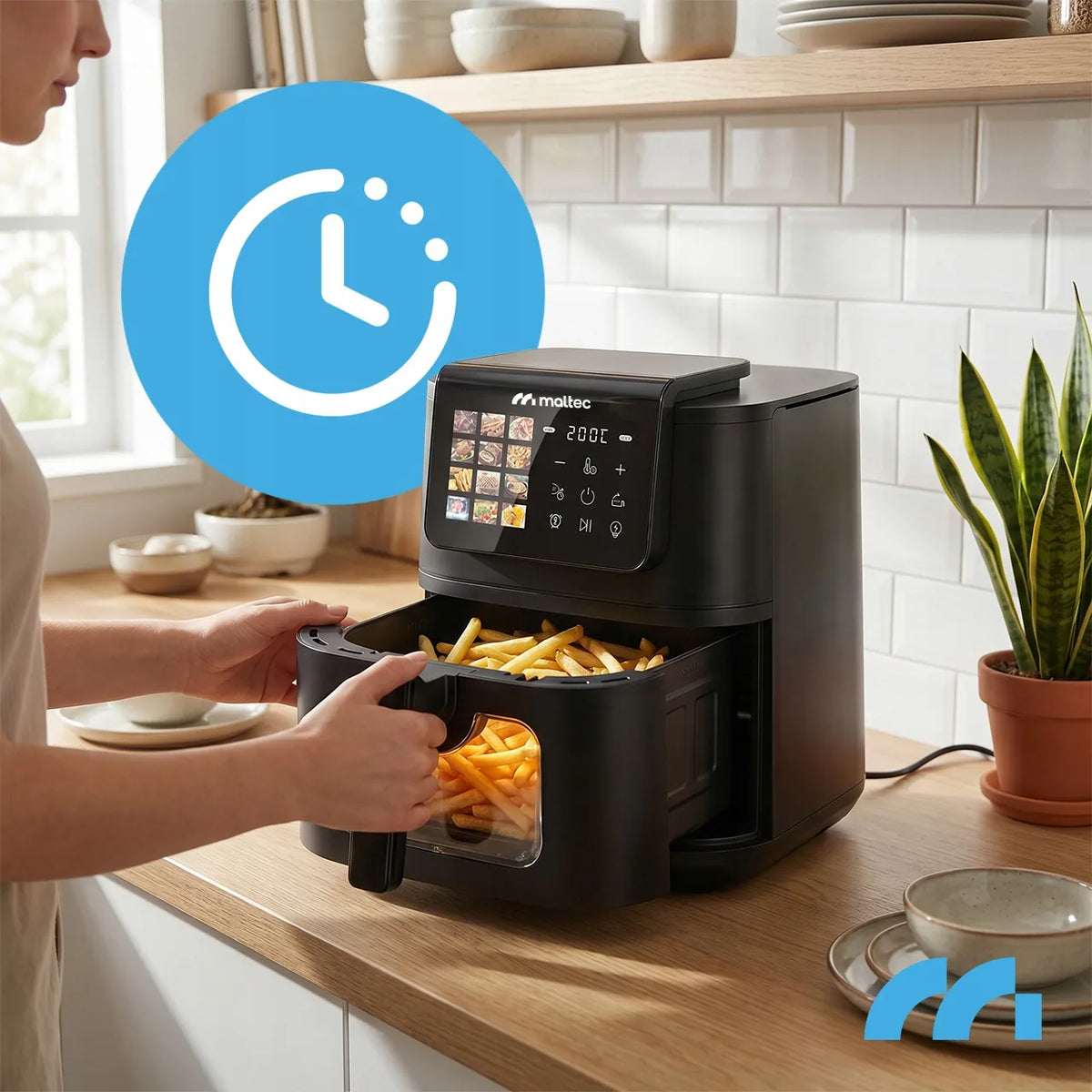 Becukrė gruzdintuvė MalTec AirFryer 8L 2000W su stebėjimo langeliu ir kepimo popieriumi