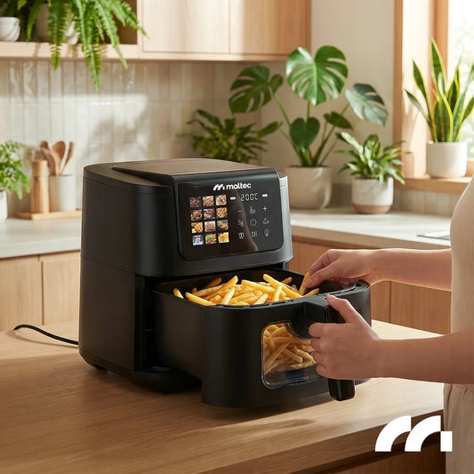 Becukrė gruzdintuvė MalTec AirFryer 8L 2000W su stebėjimo langeliu ir kepimo popieriumi