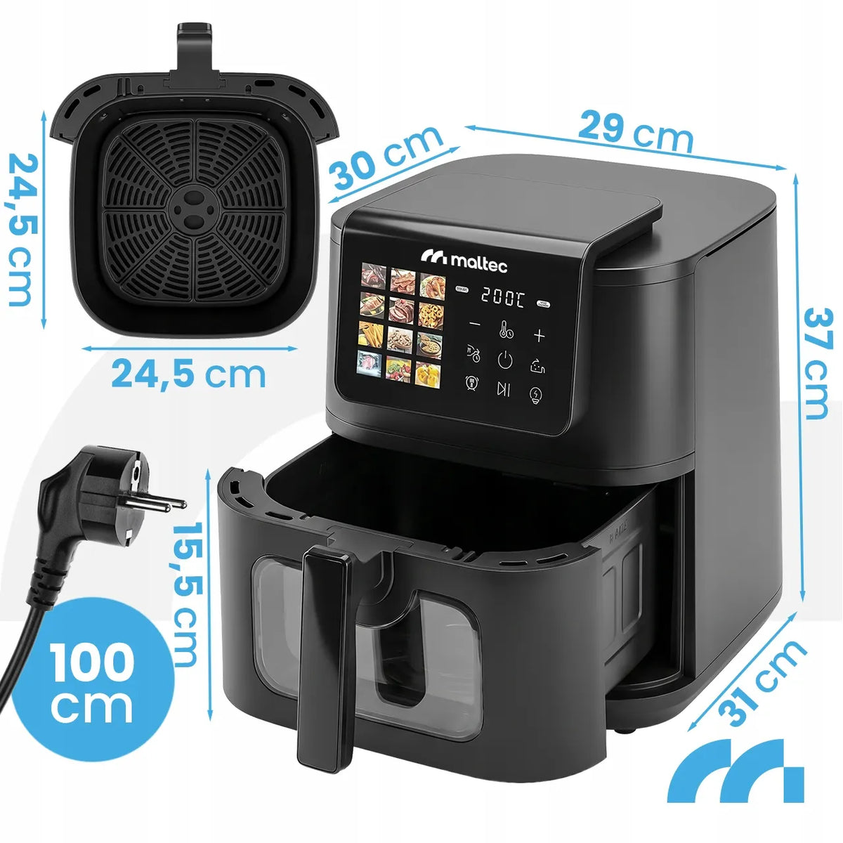 Becukrė gruzdintuvė MalTec AirFryer 8L 2000W su stebėjimo langeliu ir kepimo popieriumi