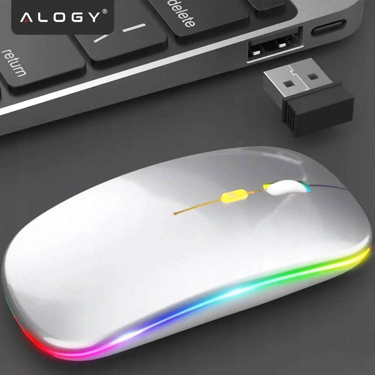 Belaidė kompiuterio pelė darbui su LED RGB apšvietimu ir tyliais klavišais