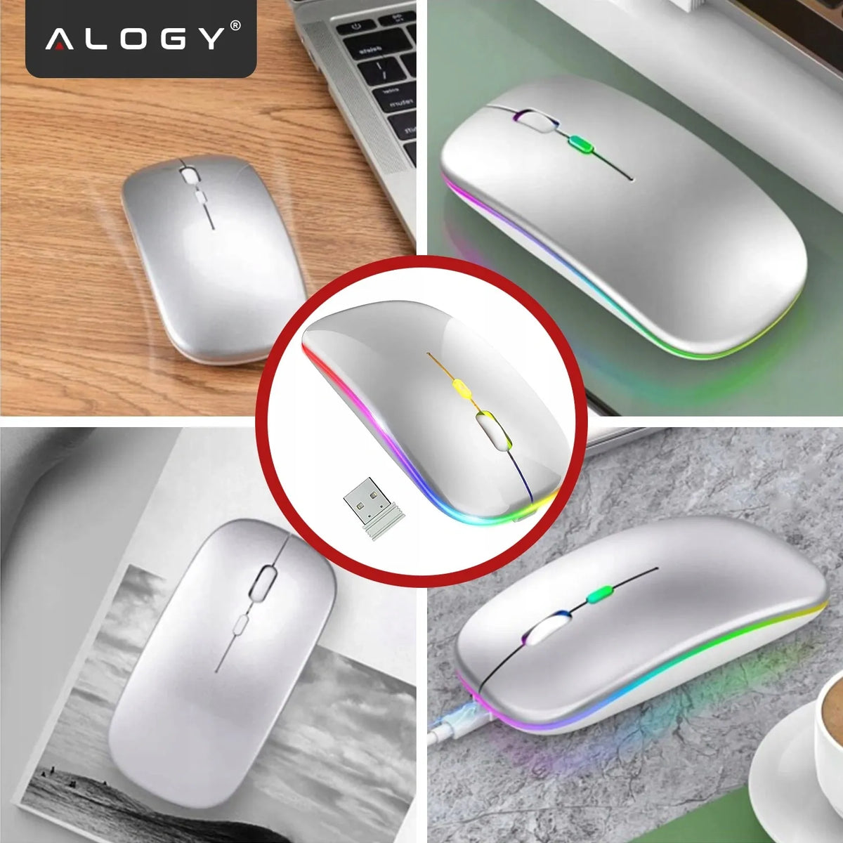 Belaidė kompiuterio pelė darbui su LED RGB apšvietimu ir tyliais klavišais