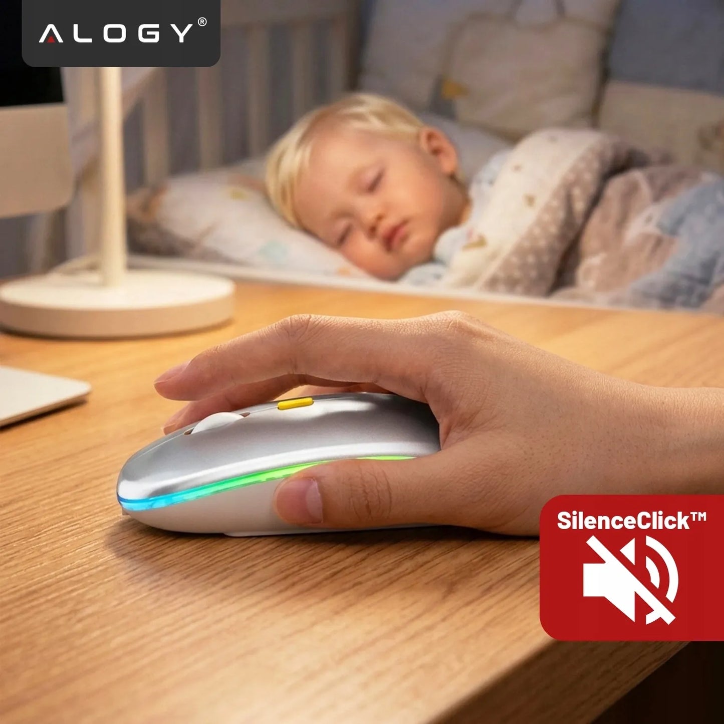 Belaidė kompiuterio pelė darbui su LED RGB apšvietimu ir tyliais klavišais