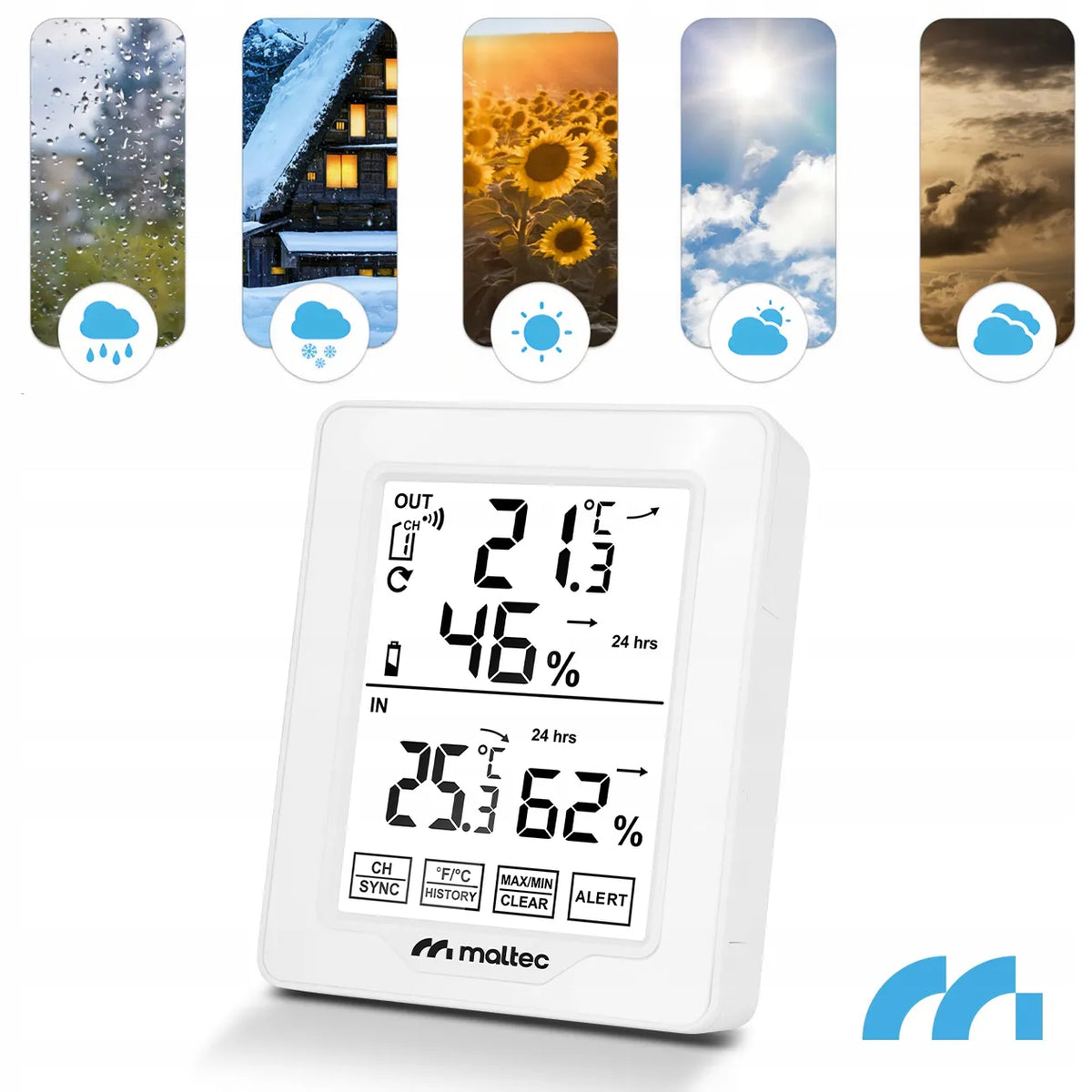 Belaidė meteorologinė stotelė Maltec Daily600M su termometru, higrometru ir išoriniu jutikliu