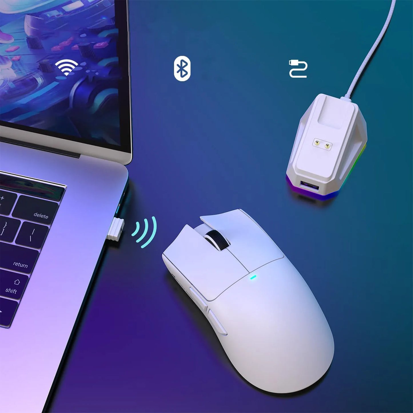 Belaidė žaidimų pelė Attack Shark X11 su įkrovimo stotele, balta