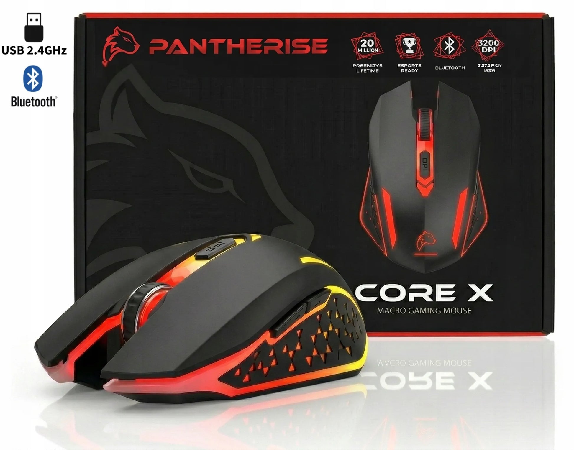 Belaidė žaidimų pelė Pantherise Core X 3200DPI Bluetooth + radijo ryšys