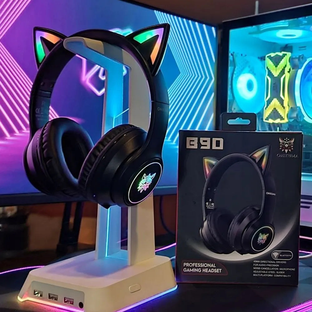 Belaidės ausinės ONIKUMA B90 su mikrofonu, RGB apšvietimu ir katės ausytėmis, USB-C