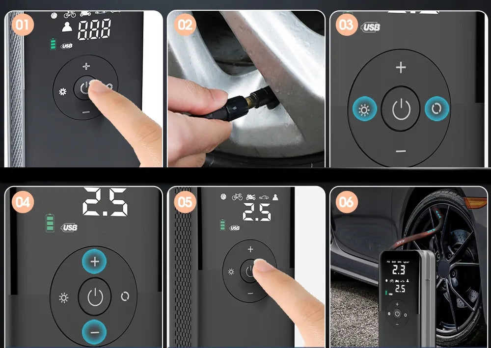 Belaidis automobilinis motociklo kompresorius, dviračio pompa, USB išorinė baterija