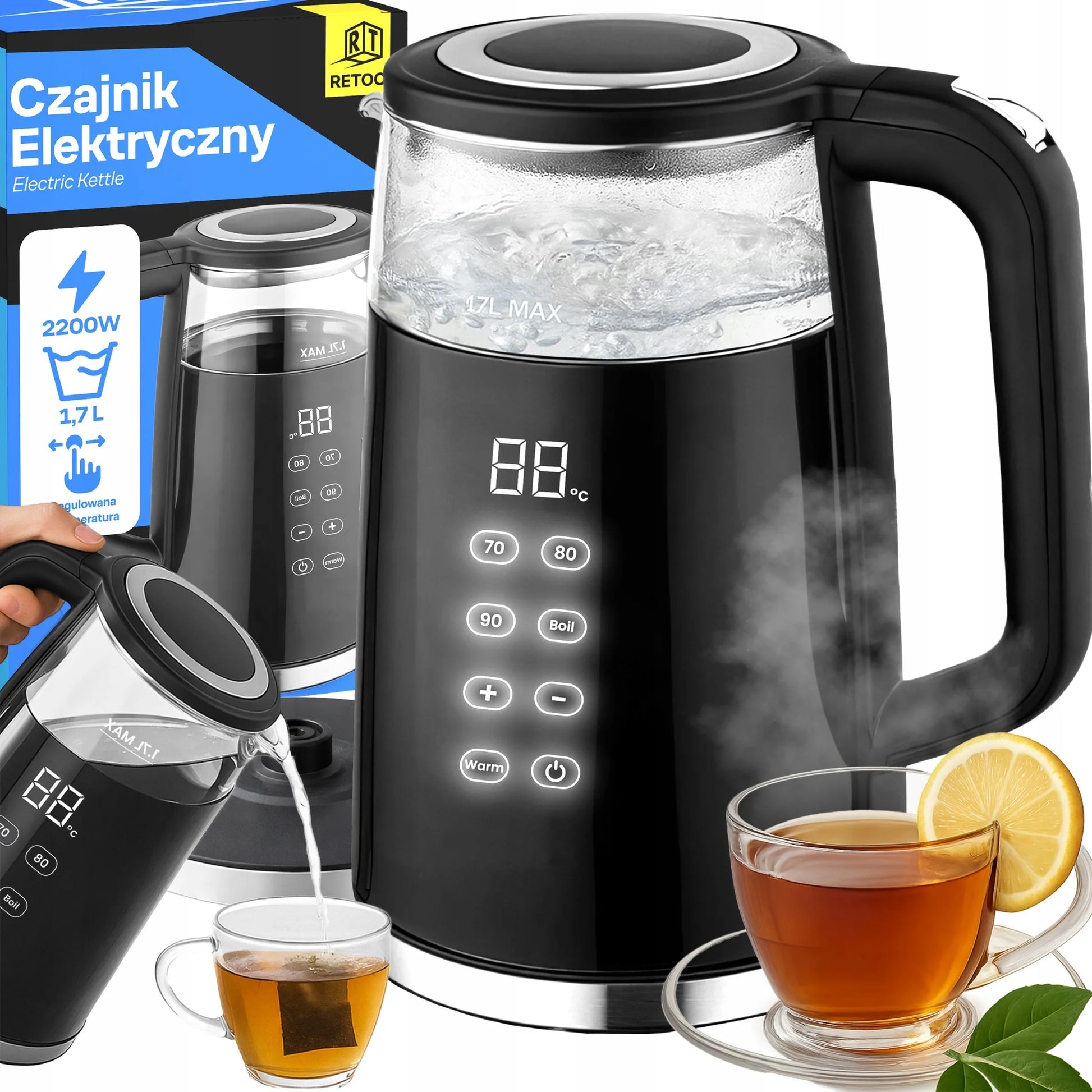 BELAIDIS ELEKTRINIS VIRDULYS RETOO R-OR1300, 1,7 L, 2200 W, STIKLINIS, SU TEMPERATŪROS REGULIAVIMU