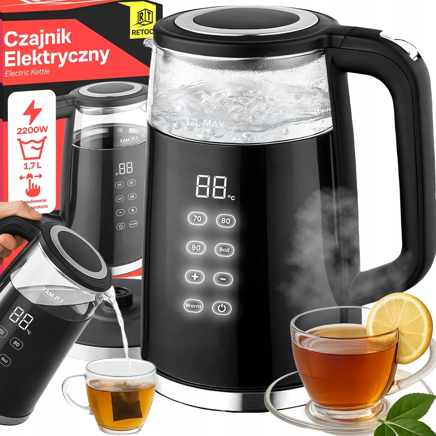 BELAIDIS ELEKTRINIS VIRDULYS RETOO R-OR1300, 1,7 L, 2200 W, STIKLINIS, SU TEMPERATŪROS REGULIAVIMU