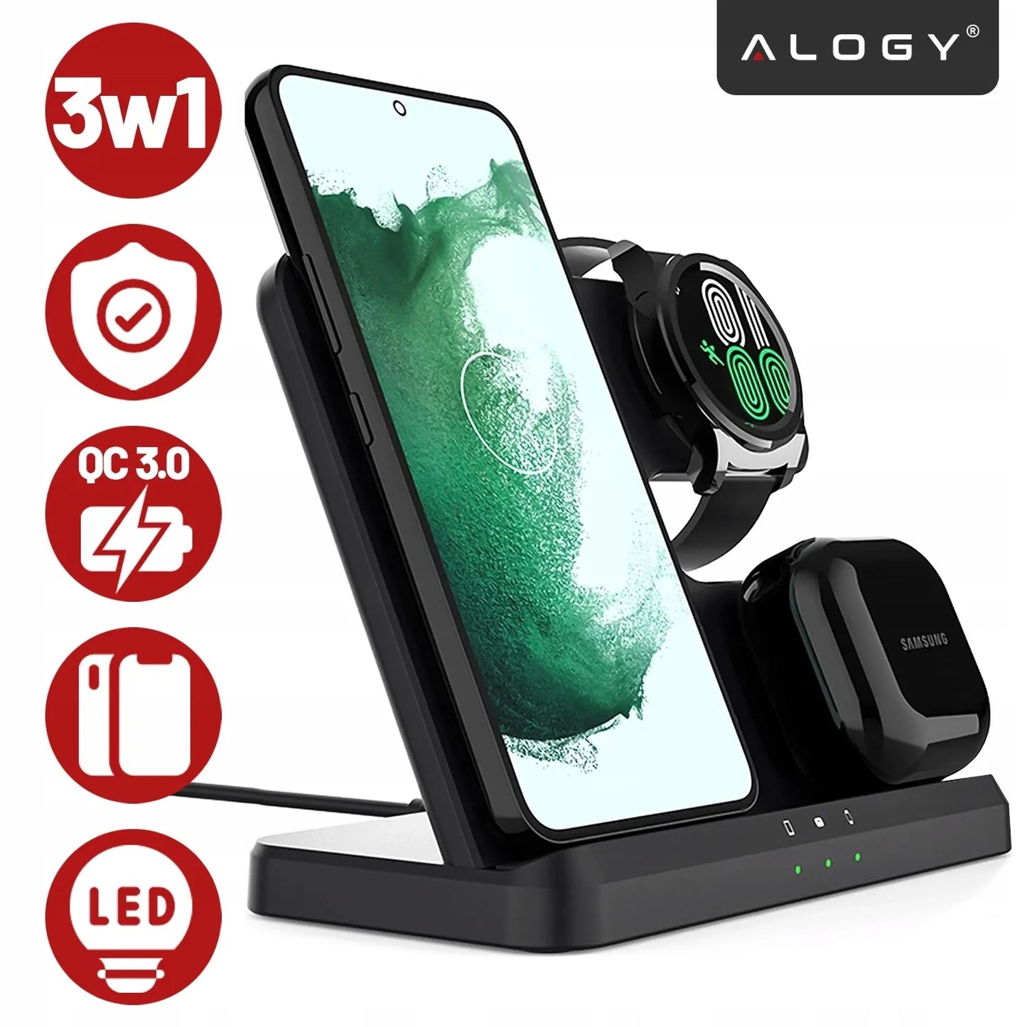 Belaidis indukcinis 3w1 QI įkroviklis, palaikantis greitąjį įkrovimą, skirtas Samsung S24 S23 S22 QC