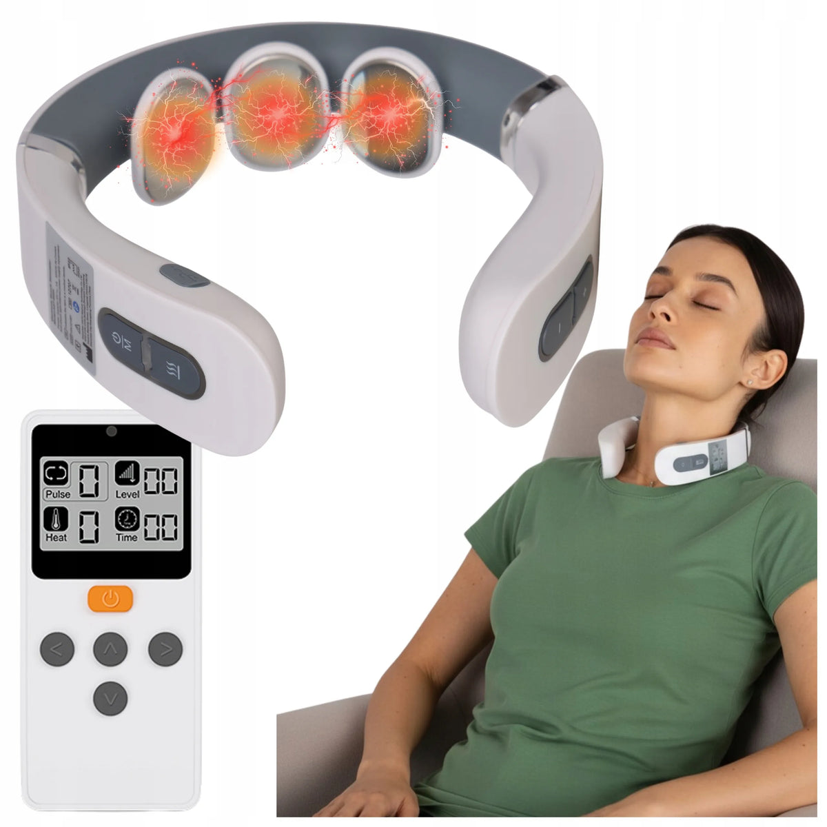 Belaidis kaklo ir sprando masažuoklis su šildymo funkcija, EMS TENS Shiatsu technologija ir reguliavimu