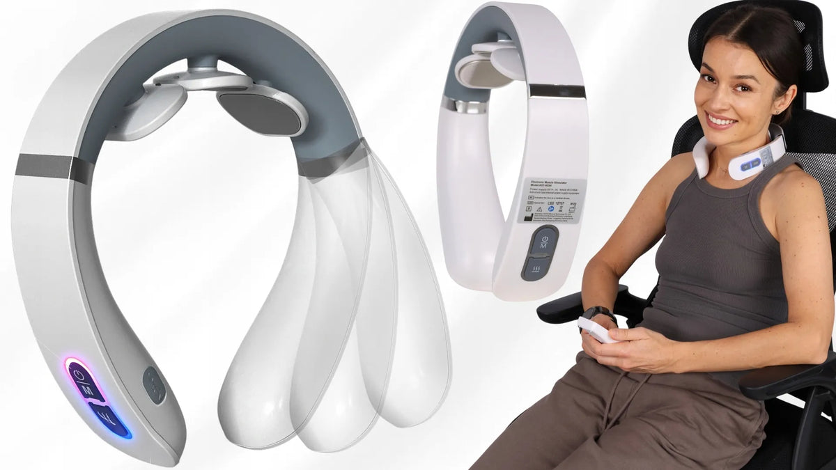 Belaidis kaklo ir sprando masažuoklis su šildymo funkcija, EMS TENS Shiatsu technologija ir reguliavimu