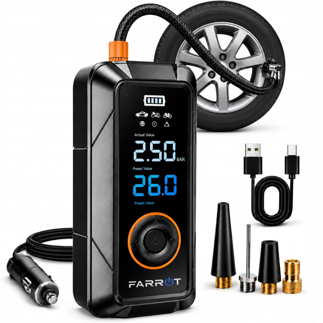 Belaidis kompresorius 150PSI 12V automobilinė pompa LCD ekranas auto stop funkcija padangoms