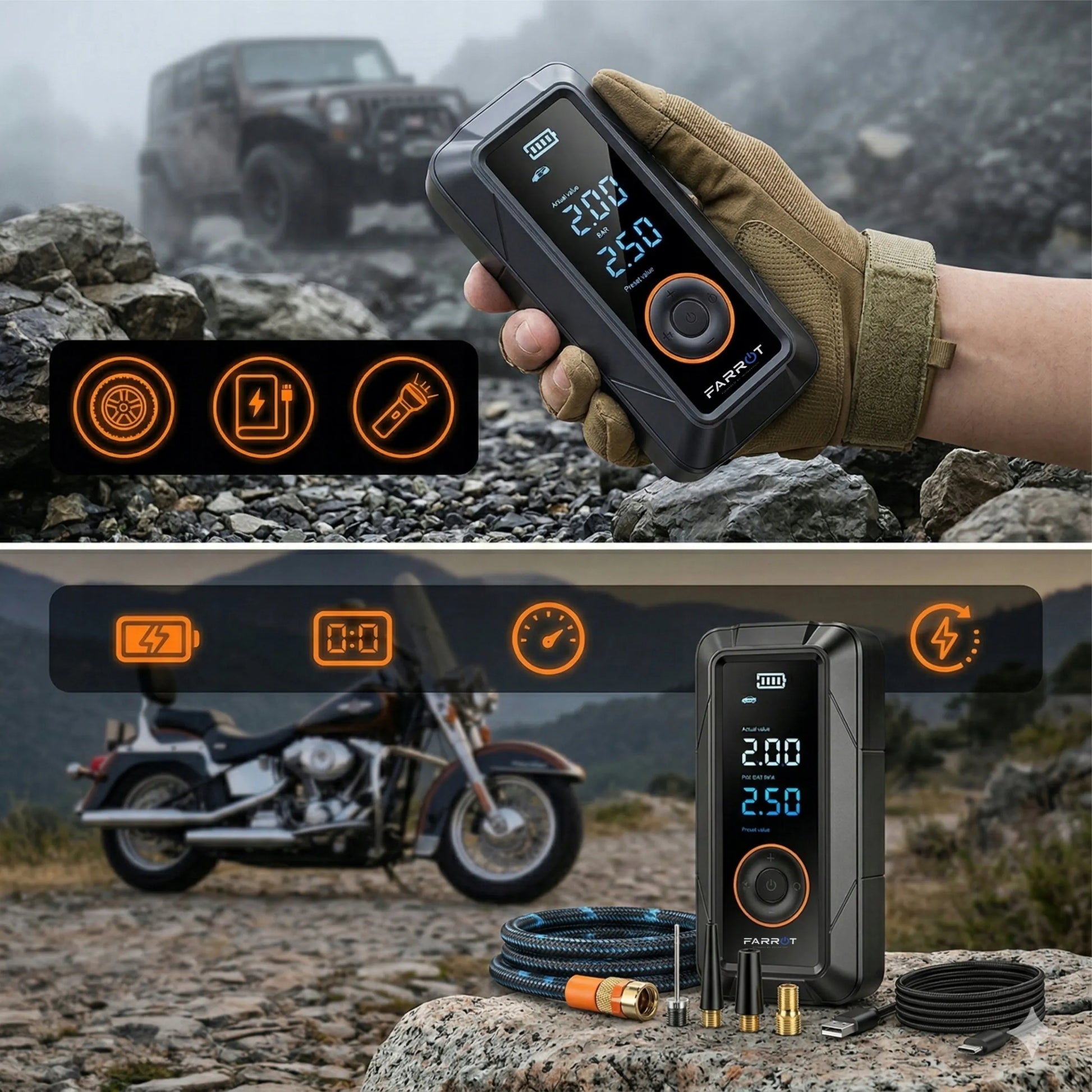 Belaidis kompresorius 150PSI 12V automobilinė pompa LCD ekranas auto stop funkcija padangoms
