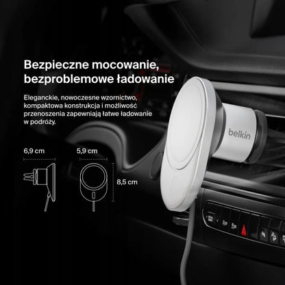 Belkin automobilinis įkroviklis, magnetinis, Qi2.0, 15W, 20W maitinimo adapteris, pilkas