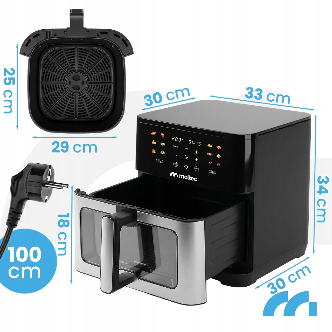 Beriebalė gruzdintuvė MalTec 10l 2000W Air Fryer su langeliu ir padėklais