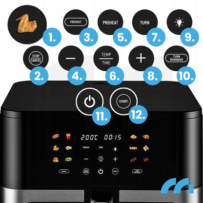 Beriebalė gruzdintuvė MalTec 10l 2000W Air Fryer su langeliu ir padėklais