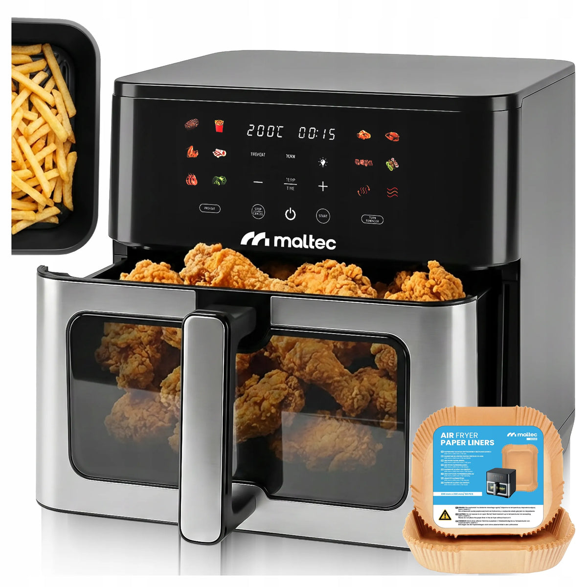 Beriebalė gruzdintuvė MalTec 10l 2000W Air Fryer su langeliu ir padėklais
