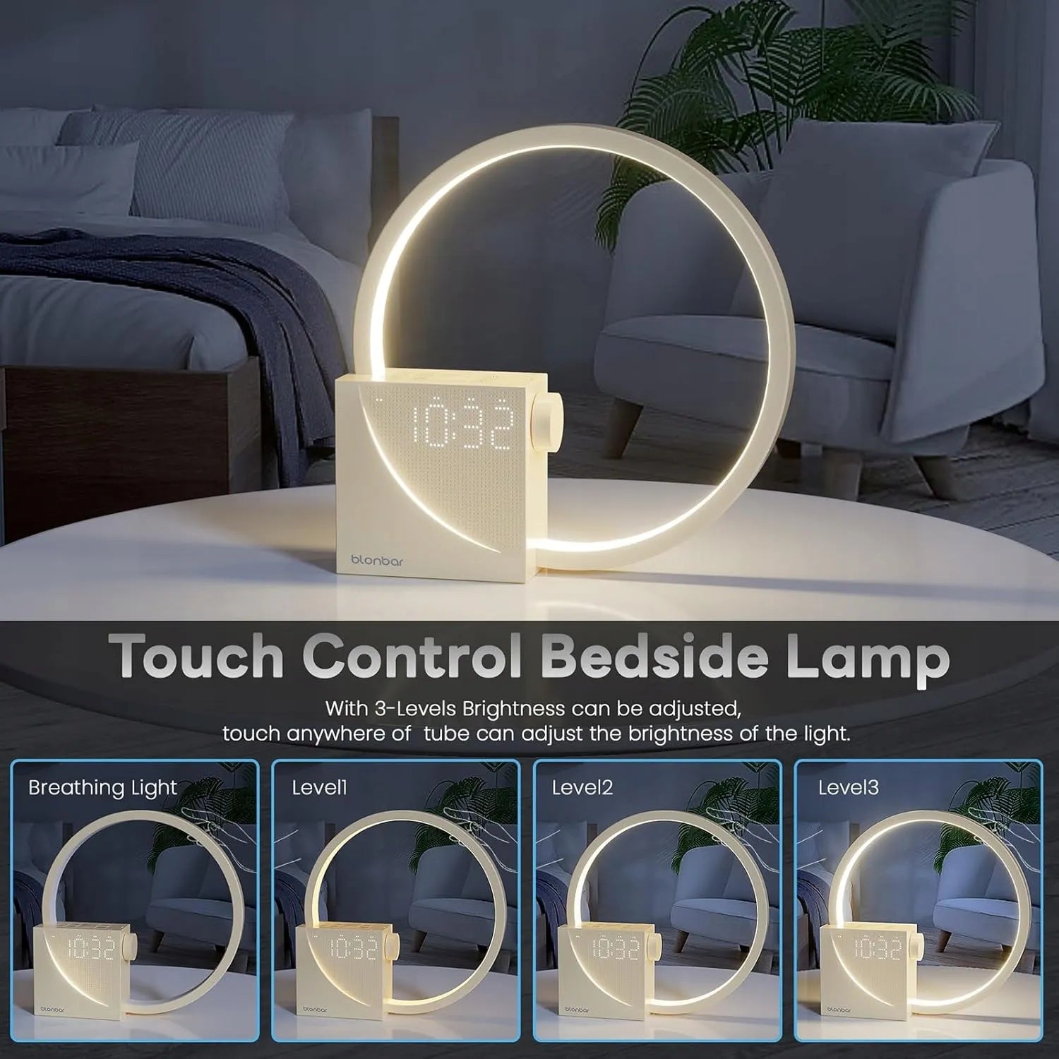 blonbar 4 viename LED naktinė lempa žadintuvas Qi belaidis įkroviklis gamtos garsai