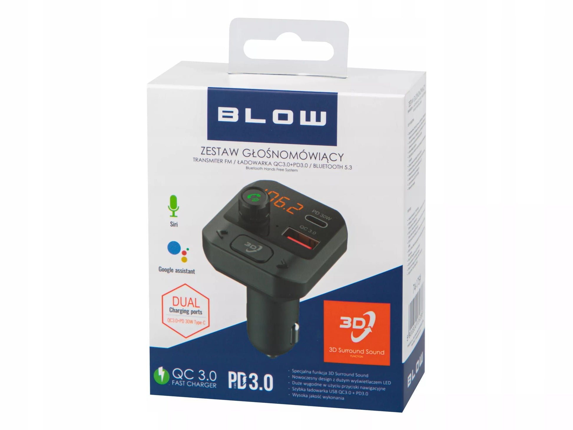 BLOW 74-175 automobilinis FM siųstuvas, Bluetooth įkroviklis su galingais bosais, USB-C PD QC3.0