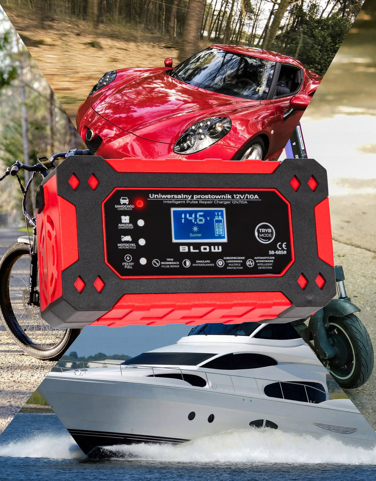 BLOW automatinis akumuliatorių įkroviklis 12V 10A su LCD ekranu ir remonto funkcija