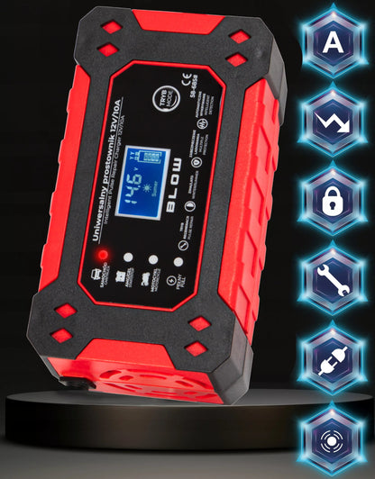 BLOW automatinis akumuliatorių įkroviklis 12V 10A su LCD ekranu ir remonto funkcija