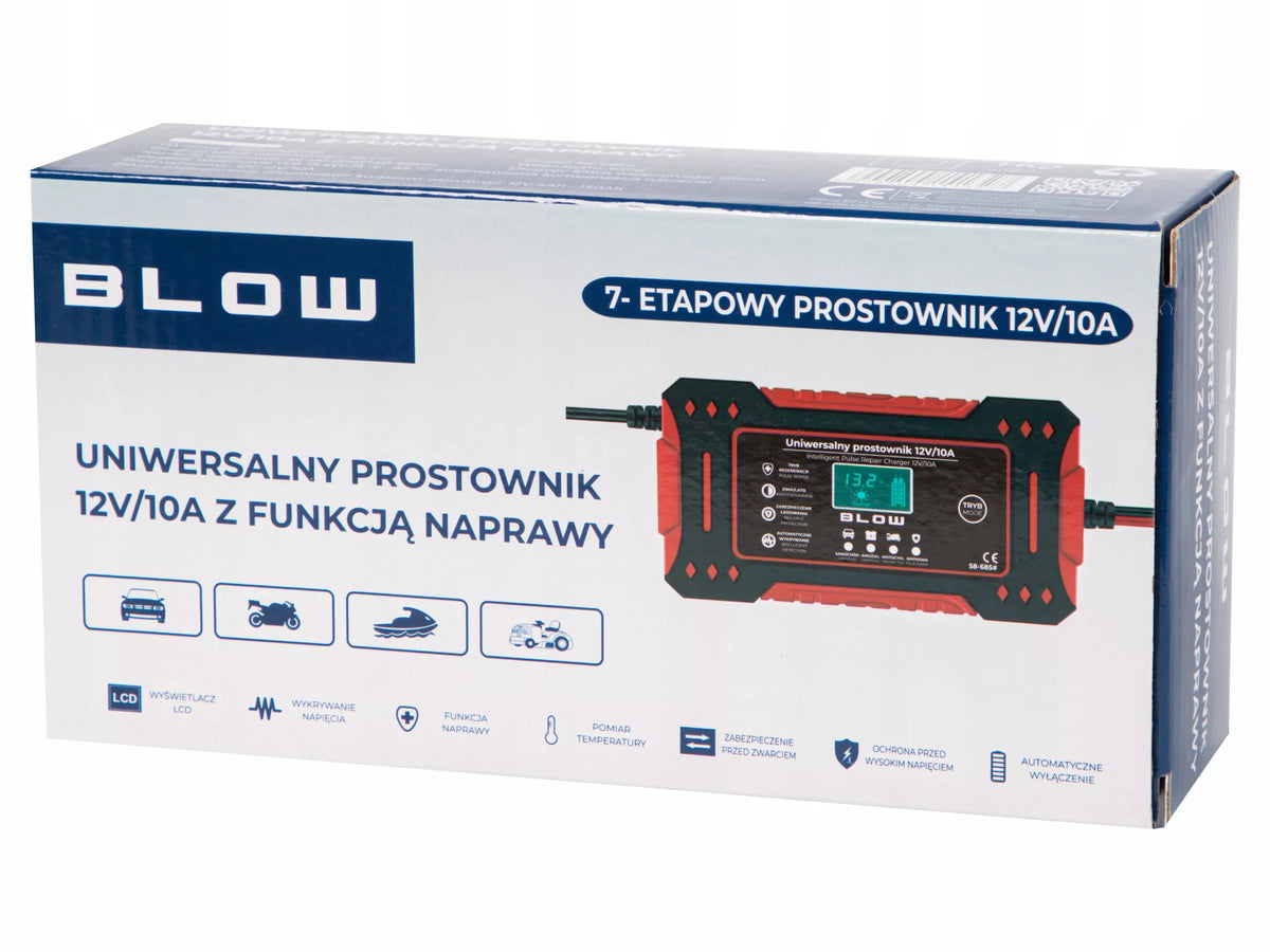 BLOW automatinis akumuliatorių įkroviklis 12V 10A su LCD ekranu ir remonto funkcija