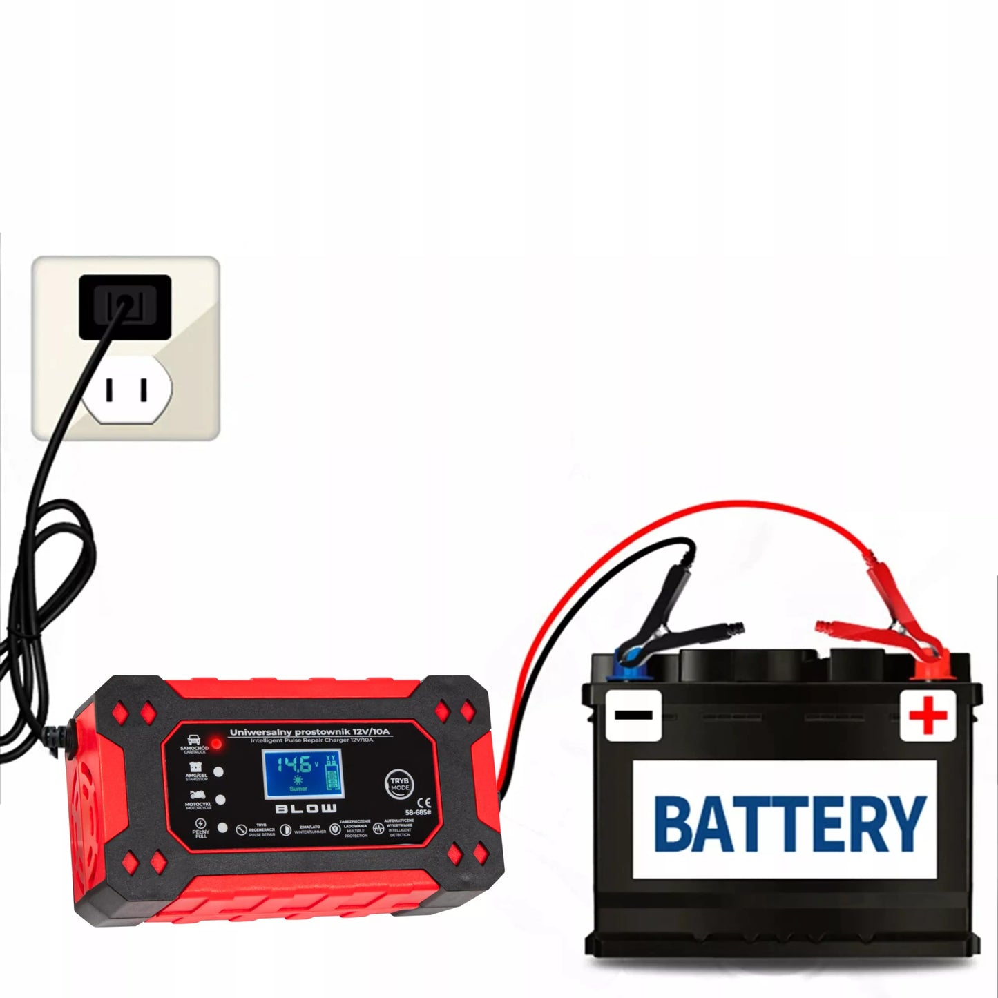 BLOW automatinis akumuliatorių įkroviklis 12V 10A su LCD ekranu ir remonto funkcija