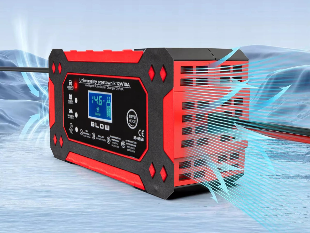 BLOW automatinis akumuliatorių įkroviklis 12V 10A su LCD ekranu ir remonto funkcija