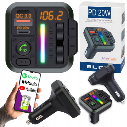 BLOW Bluetooth 5.3 automobilinis FM siųstuvas, laisvų rankų įranga, QC 3.0 PD 20W