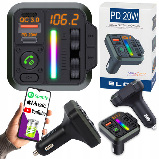 BLOW Bluetooth 5.3 automobilinis FM siųstuvas, laisvų rankų įranga, QC 3.0 PD 20W