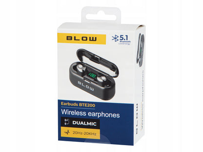 BLOW BTE200 belaidės į ausis įstatomos ausinės su „Bluetooth 5.1“, „Powerbank“ funkcija, dėklu ir mikrofonu