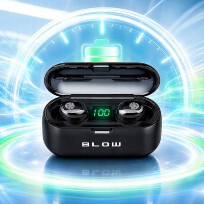 BLOW BTE200 belaidės į ausis įstatomos ausinės su „Bluetooth 5.1“, „Powerbank“ funkcija, dėklu ir mikrofonu