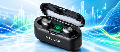 BLOW BTE200 belaidės į ausis įstatomos ausinės su „Bluetooth 5.1“, „Powerbank“ funkcija, dėklu ir mikrofonu