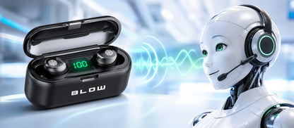 BLOW BTE200 belaidės į ausis įstatomos ausinės su „Bluetooth 5.1“, „Powerbank“ funkcija, dėklu ir mikrofonu