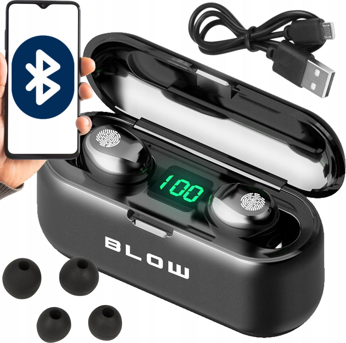 BLOW BTE200 belaidės į ausis įstatomos ausinės su „Bluetooth 5.1“, „Powerbank“ funkcija, dėklu ir mikrofonu