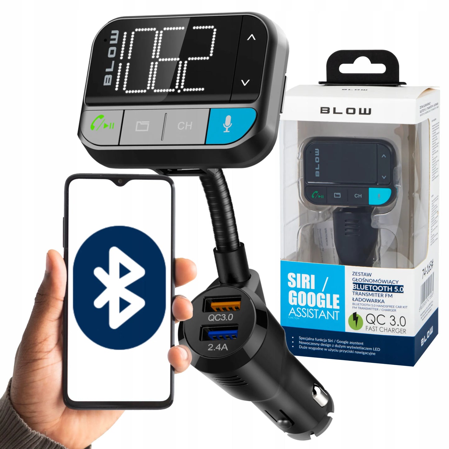 BLOW FM siųstuvas Bluetooth 5.0 SD QC 3xUSB Siri/Google laisvų rankų įranga