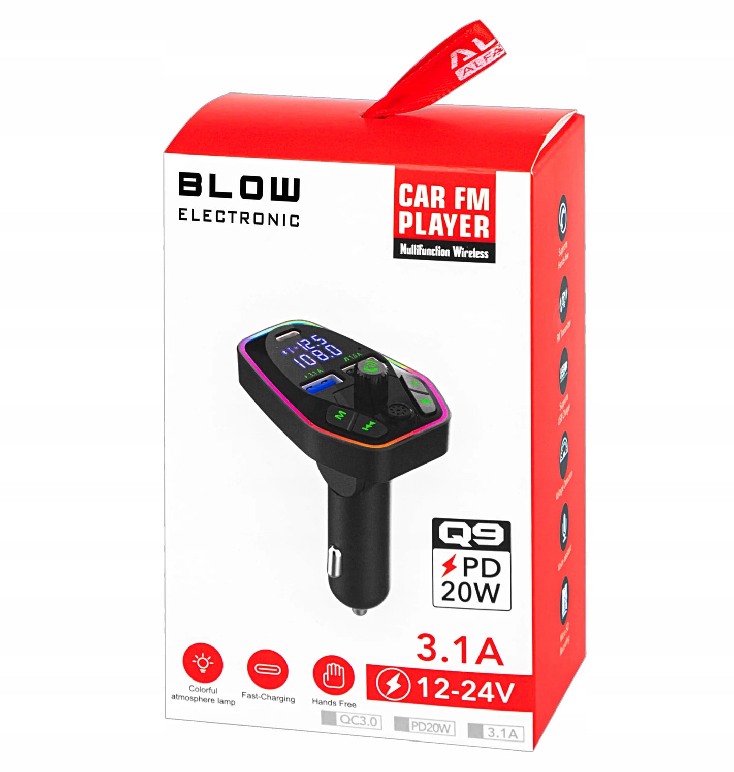 BLOW FM siųstuvas Bluetooth MP3 RGB BT greitas įkroviklis USB 3.1 USB-C 18W