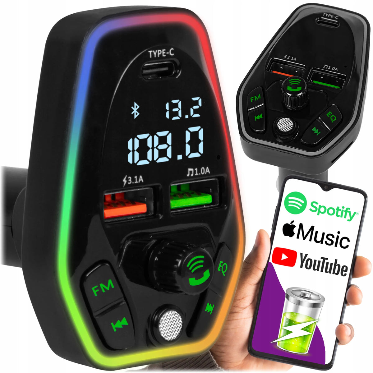 BLOW FM siųstuvas Bluetooth MP3 RGB BT greitas įkroviklis USB 3.1 USB-C 18W