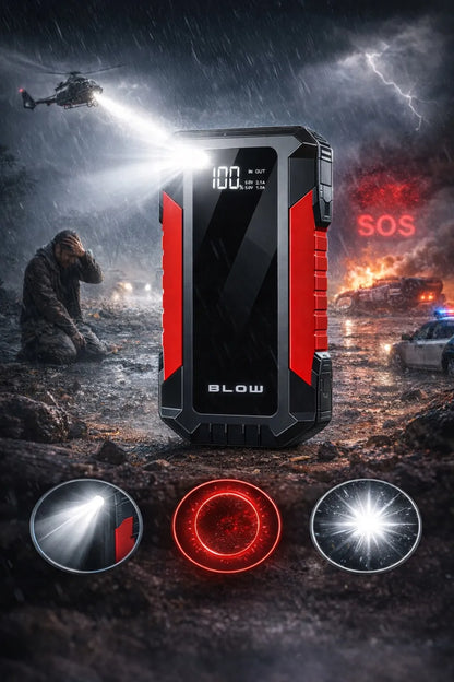 BLOW JS-12 Jump starter, pagalbinis užvedimo įrenginys, powerbank, žibintuvėlis, saugos plaktukas, laidai, 1000A, 12000mAh