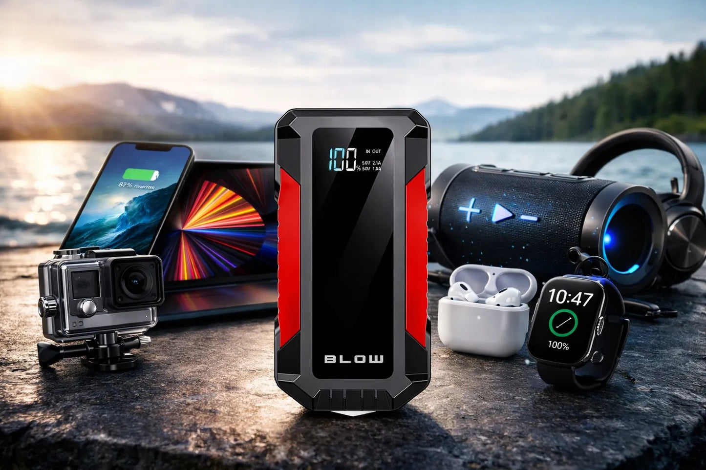 BLOW JS-12 Jump starter, pagalbinis užvedimo įrenginys, powerbank, žibintuvėlis, saugos plaktukas, laidai, 1000A, 12000mAh