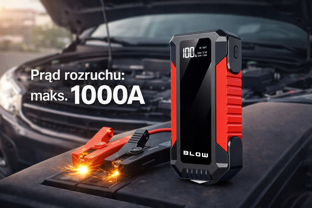 BLOW JS-12 Jump starter, pagalbinis užvedimo įrenginys, powerbank, žibintuvėlis, saugos plaktukas, laidai, 1000A, 12000mAh