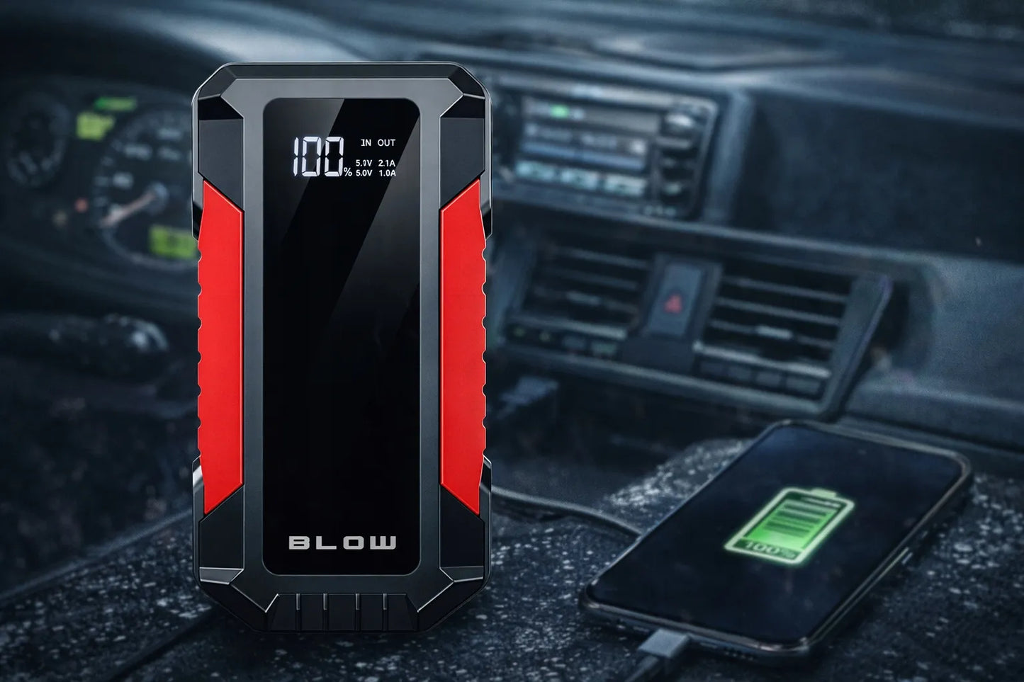 BLOW JS-12 Jump starter, pagalbinis užvedimo įrenginys, powerbank, žibintuvėlis, saugos plaktukas, laidai, 1000A, 12000mAh
