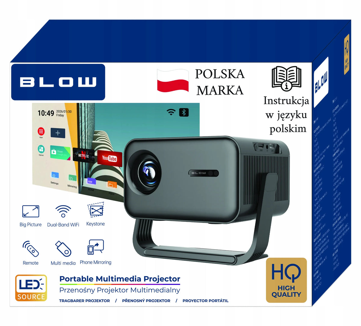 BLOW MaxView pasukamas LED projektorius su garsiakalbiu, „Android Smart TV“, „Wi-Fi“, Full HD ir HDMI